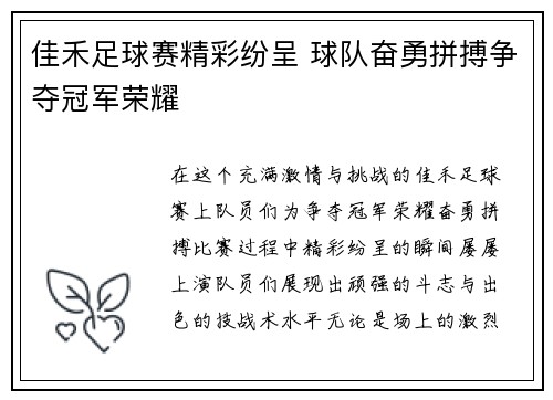 佳禾足球赛精彩纷呈 球队奋勇拼搏争夺冠军荣耀