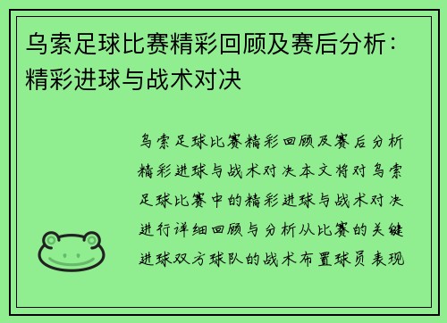 乌索足球比赛精彩回顾及赛后分析：精彩进球与战术对决