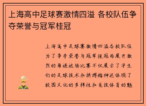 上海高中足球赛激情四溢 各校队伍争夺荣誉与冠军桂冠