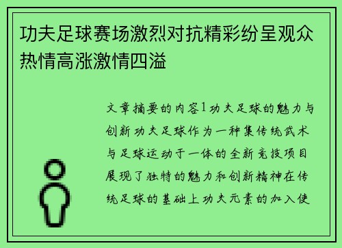 功夫足球赛场激烈对抗精彩纷呈观众热情高涨激情四溢