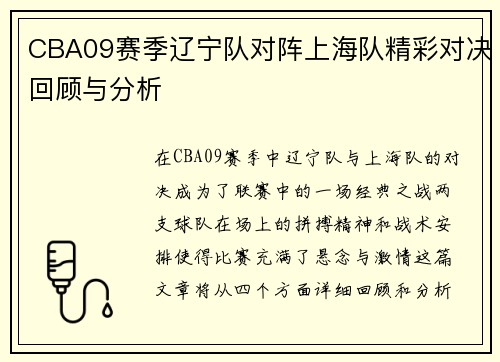 CBA09赛季辽宁队对阵上海队精彩对决回顾与分析