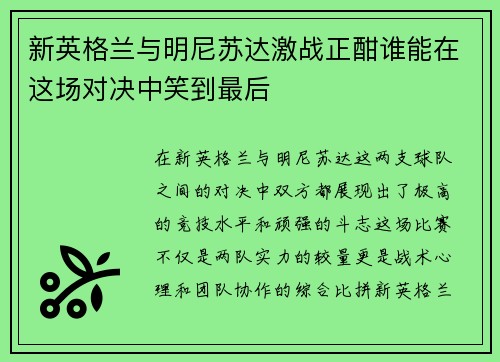 新英格兰与明尼苏达激战正酣谁能在这场对决中笑到最后