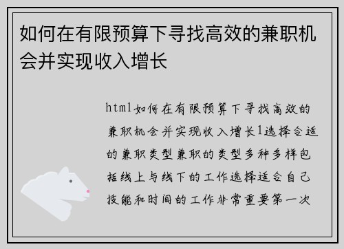 如何在有限预算下寻找高效的兼职机会并实现收入增长