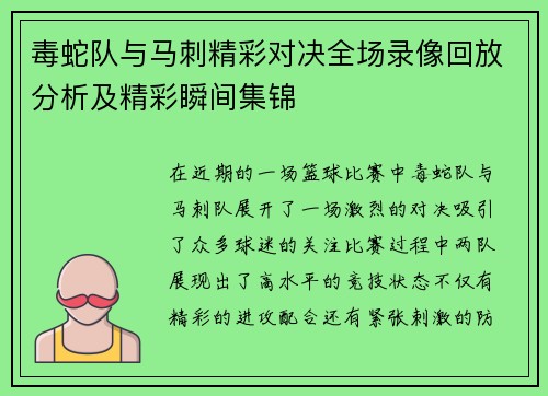 毒蛇队与马刺精彩对决全场录像回放分析及精彩瞬间集锦