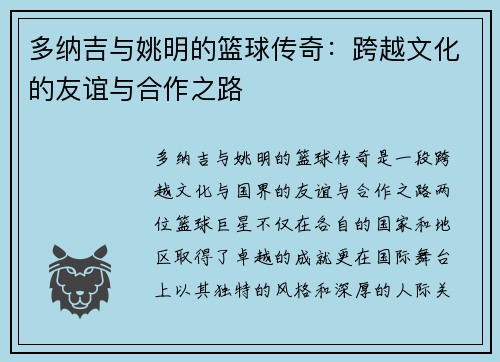 多纳吉与姚明的篮球传奇：跨越文化的友谊与合作之路