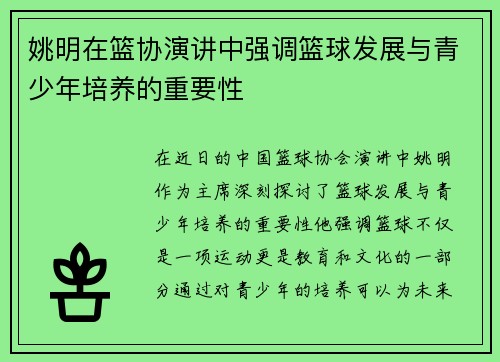 姚明在篮协演讲中强调篮球发展与青少年培养的重要性