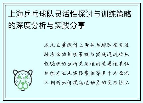 上海乒乓球队灵活性探讨与训练策略的深度分析与实践分享
